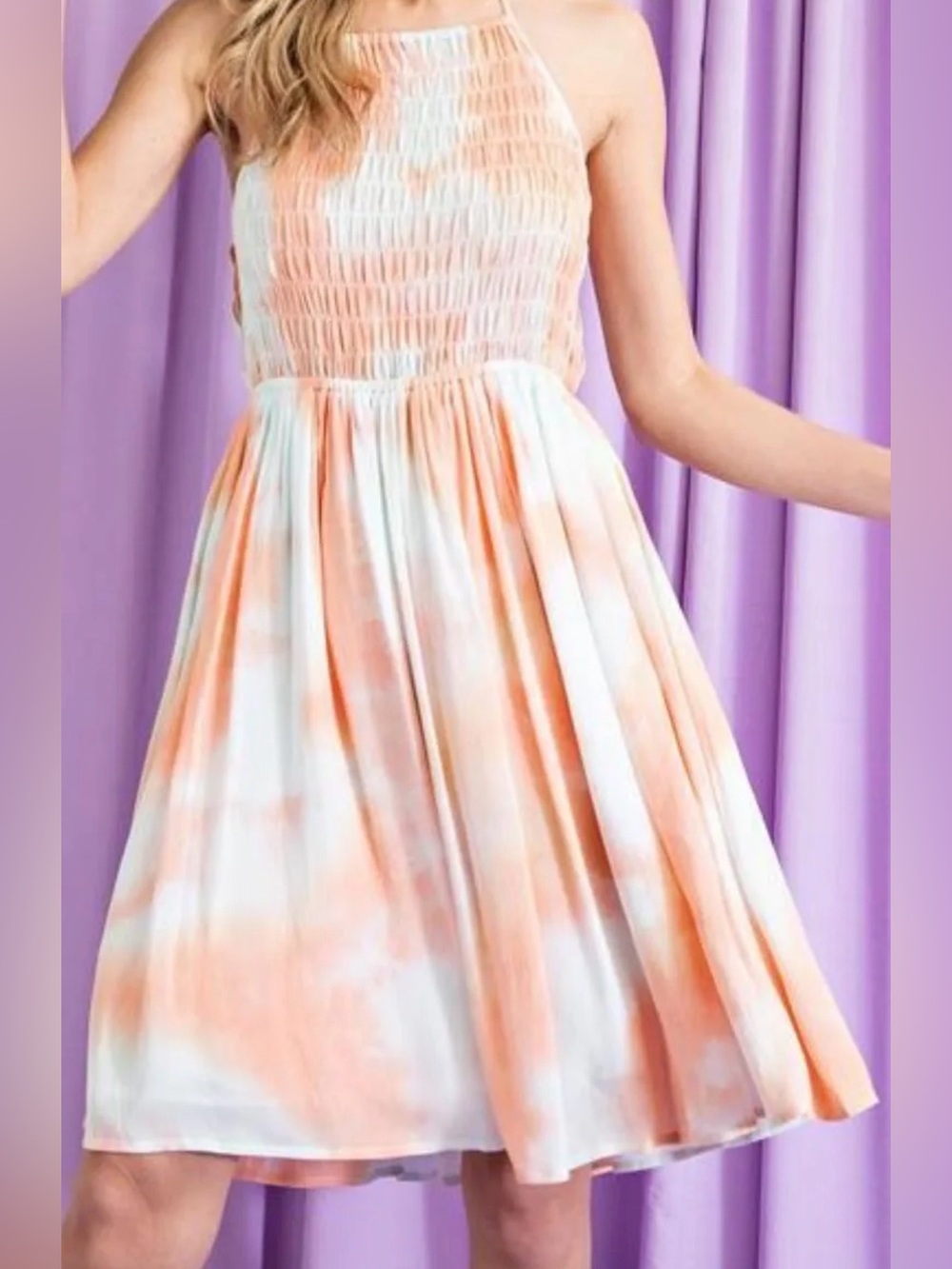 eesome Peach, White and Teal Tie-Dye Halter Sundress
